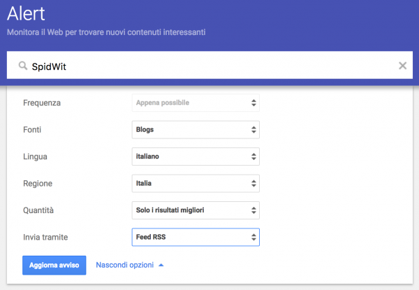 un esempio di google alerts