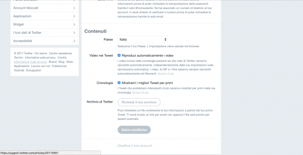 schermata delle impostazioni di twitter
